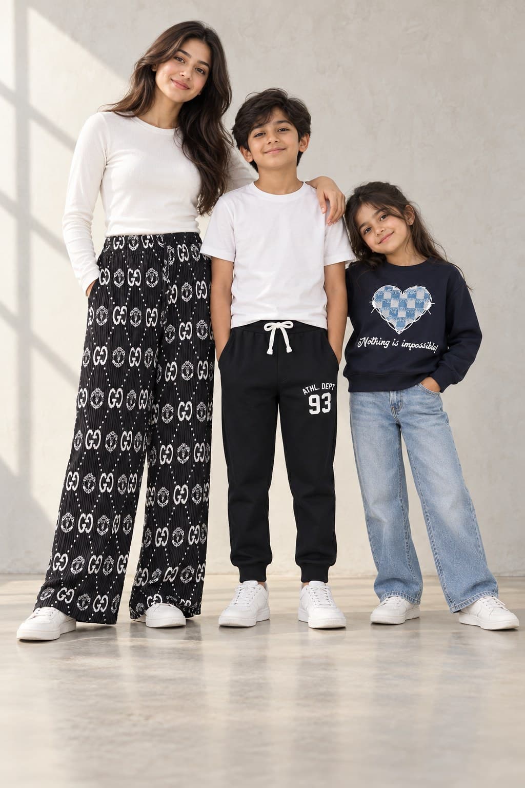 A young woman, a boy and a girl standing together in a bright studio, wearing YG Clothing.