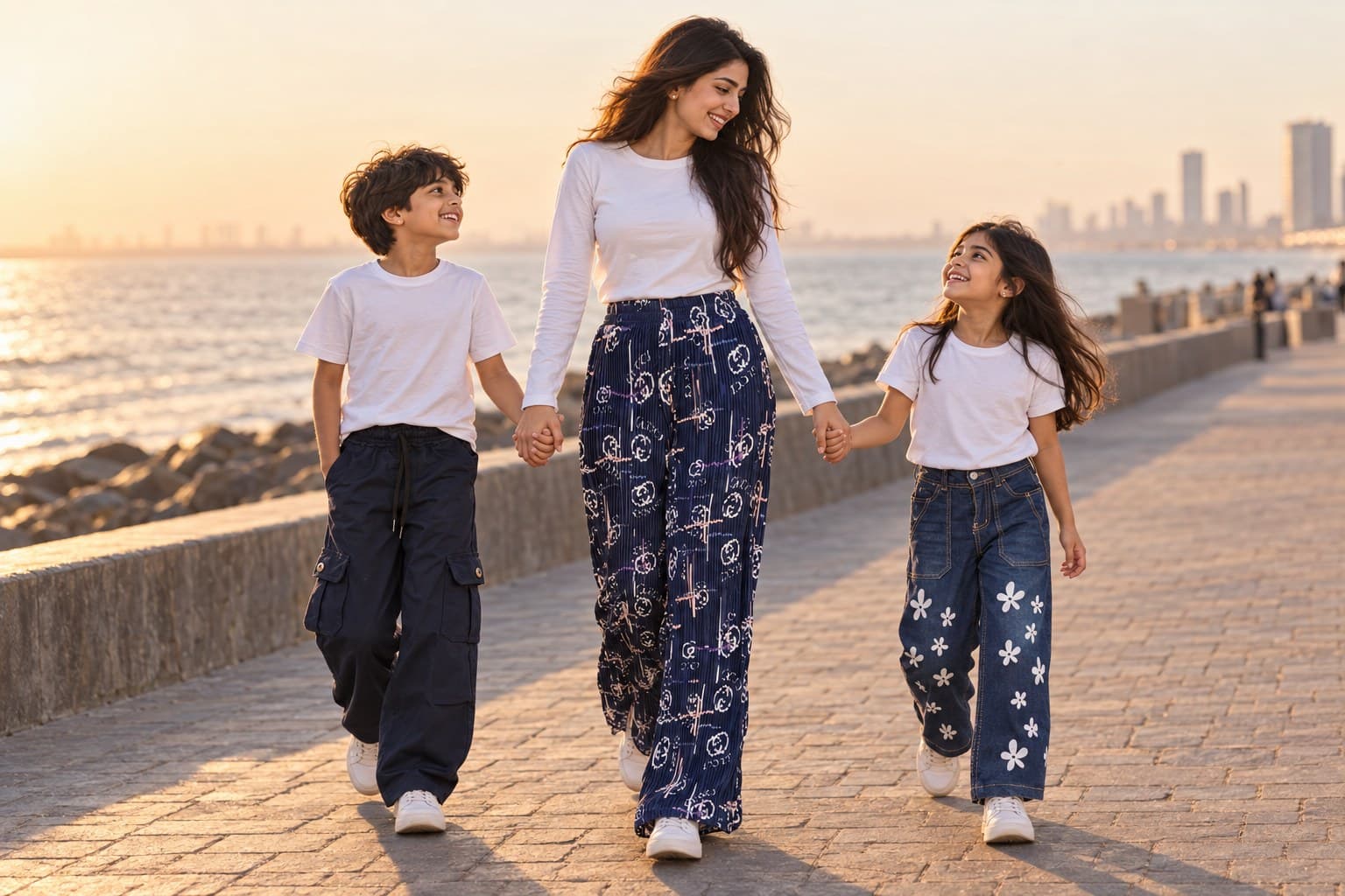 A young woman and two children walking hand in hand along the seaside at golden hour.