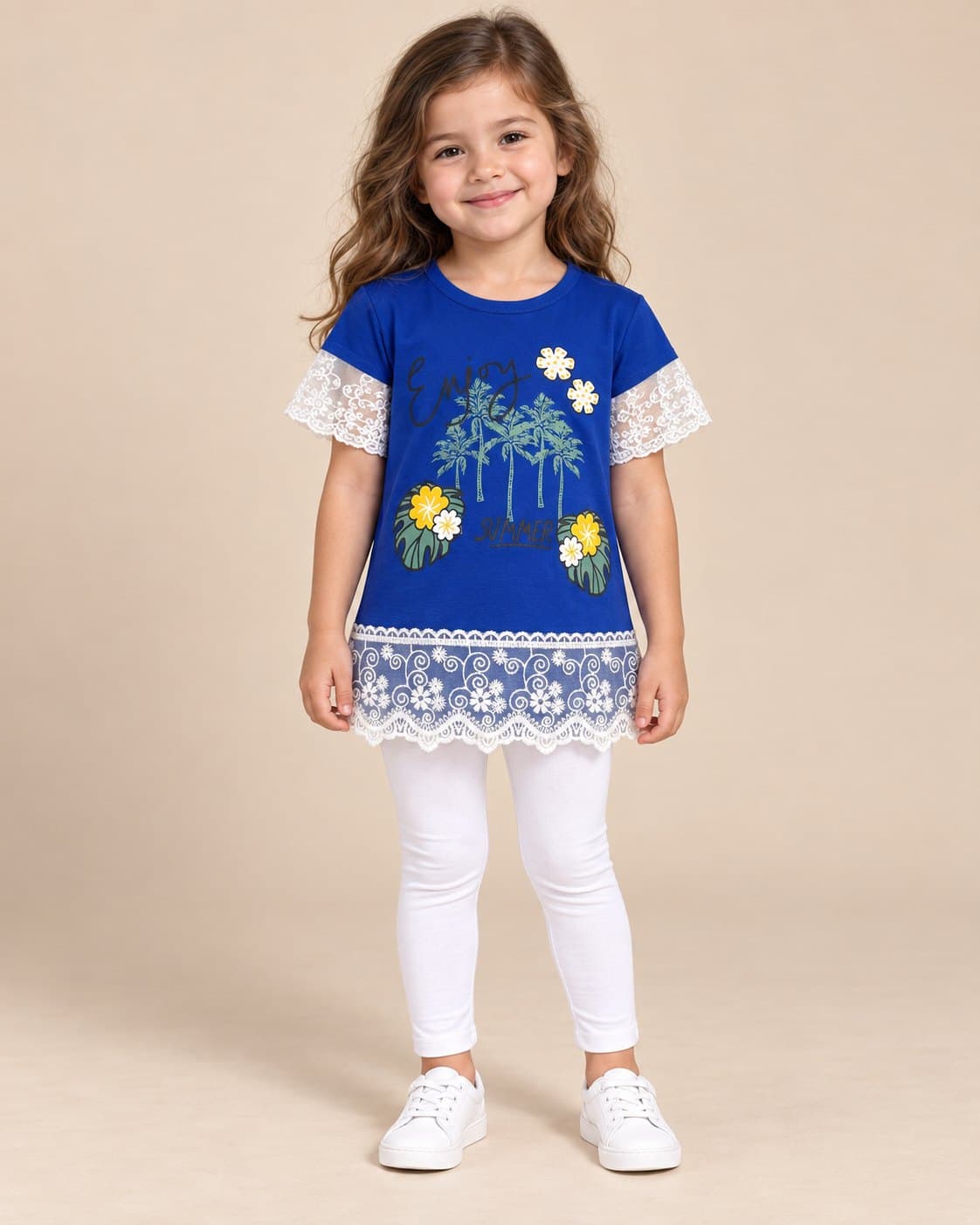 Enjoy Summer Lace Hem Tee - Blue