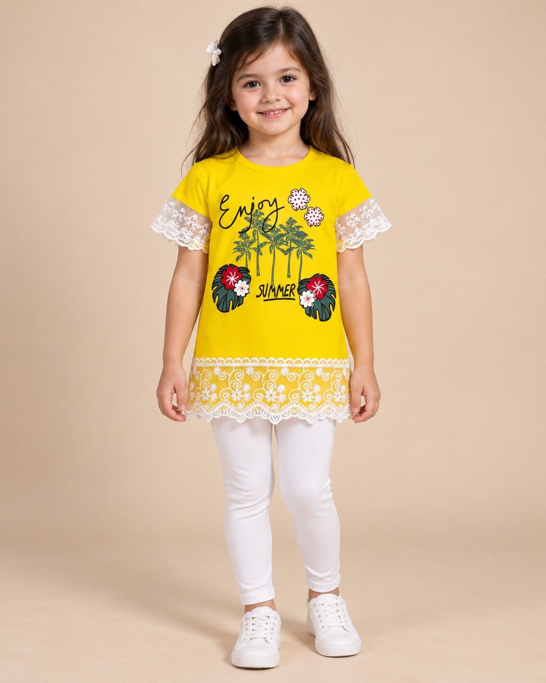 Enjoy Summer Lace Hem Tee - Yellow