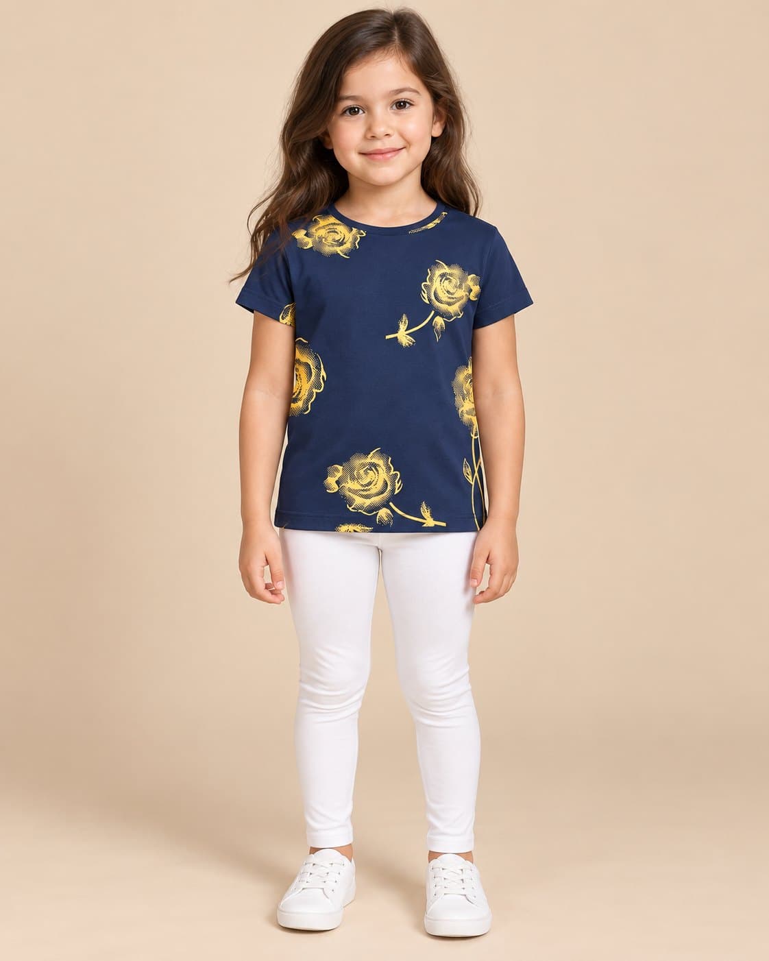 Golden Rose Print Tee - Navy