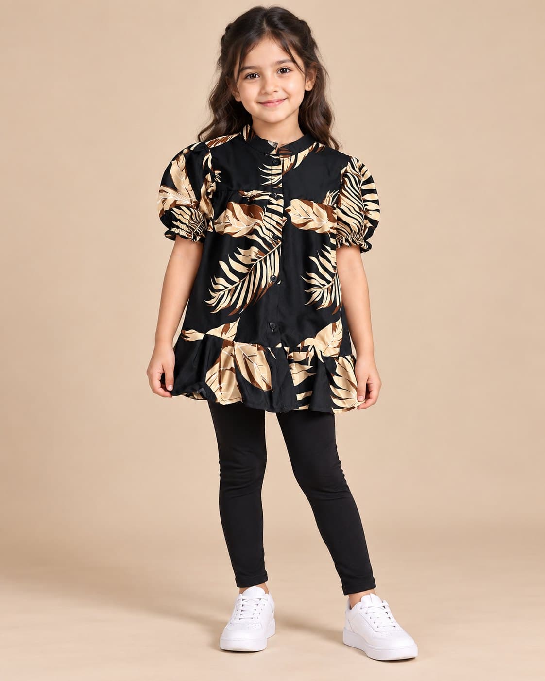 Palm Leaf Long Shirt - Brown & Black
