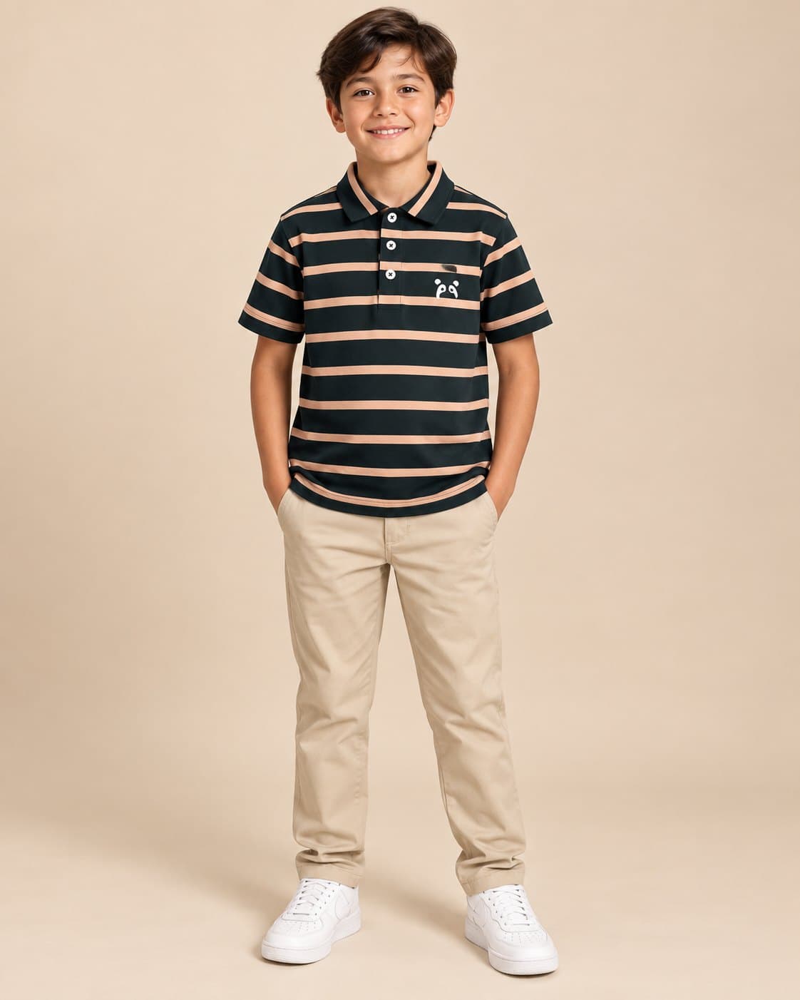 Striped Panda Polo - Green & Light Brown